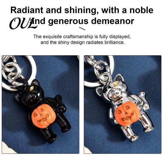 Handbag Decorative Accessory Halloween Cat Holding Pumpkin Keychain, Metal Car Key Party Favor Ring Holder, Backpack Hanging Keychain