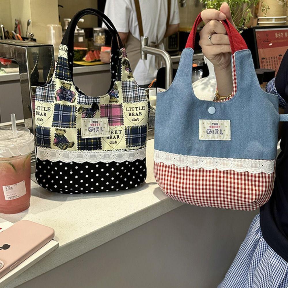 Cowboy Denim Bucket Bag Sweet Cute Wrist Bag Lovely Plaid Canvas Handbag  Streetwear