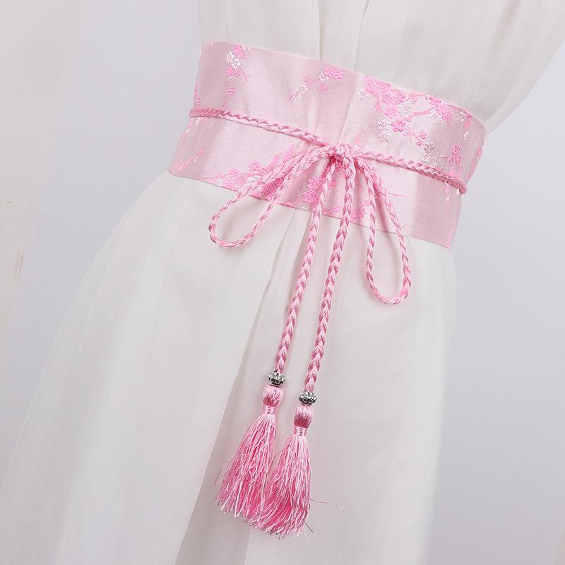 Vintage Floral Embroidered Waistband for Women Elegant Chinese Bow Tie Wrap Around Belt with Tassels for Dress Clothing