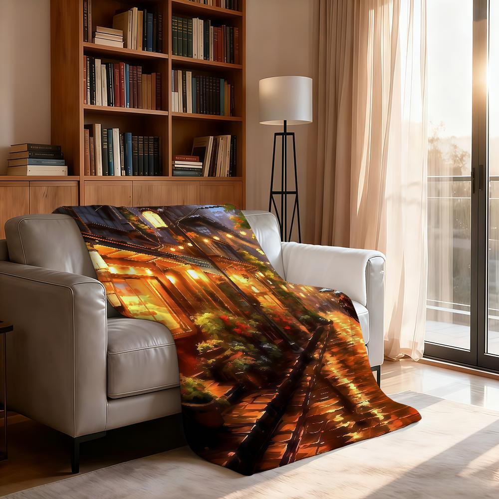 Asian city night scene illustration Blanket For Soft Throw Blanket for Picnic Bed Sofa Home Bedroom Cozy Warm Comfortable