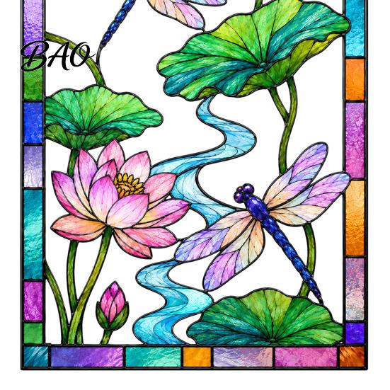 Lotus Dragonfly Pattern Film Stained Glass Style Window Cling, Rainbow Suncatcher Static Decorative for Doors Decal, Privacy Home Door Balcony