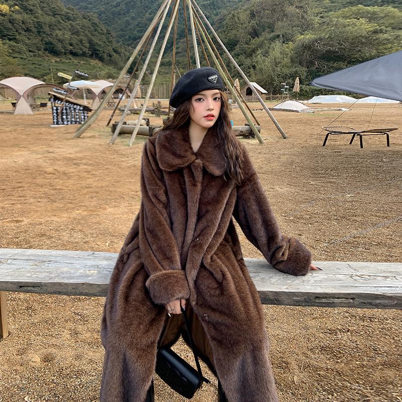 Винтажное коричневое длинное выше колена пальто из меха норки с отворотом, утолщенное, высокое, из экологически чистого меха, шуба