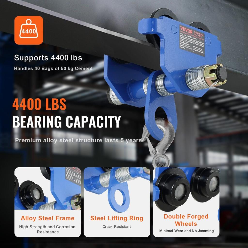 Manual Trolley, 4400 lbs/2 Ton Load Capacity, Push Beam Trolley with Dual Wheels, Adjustable for I-Beam Flange Width 63.5-177.8 mm, Heavy Duty Alloy