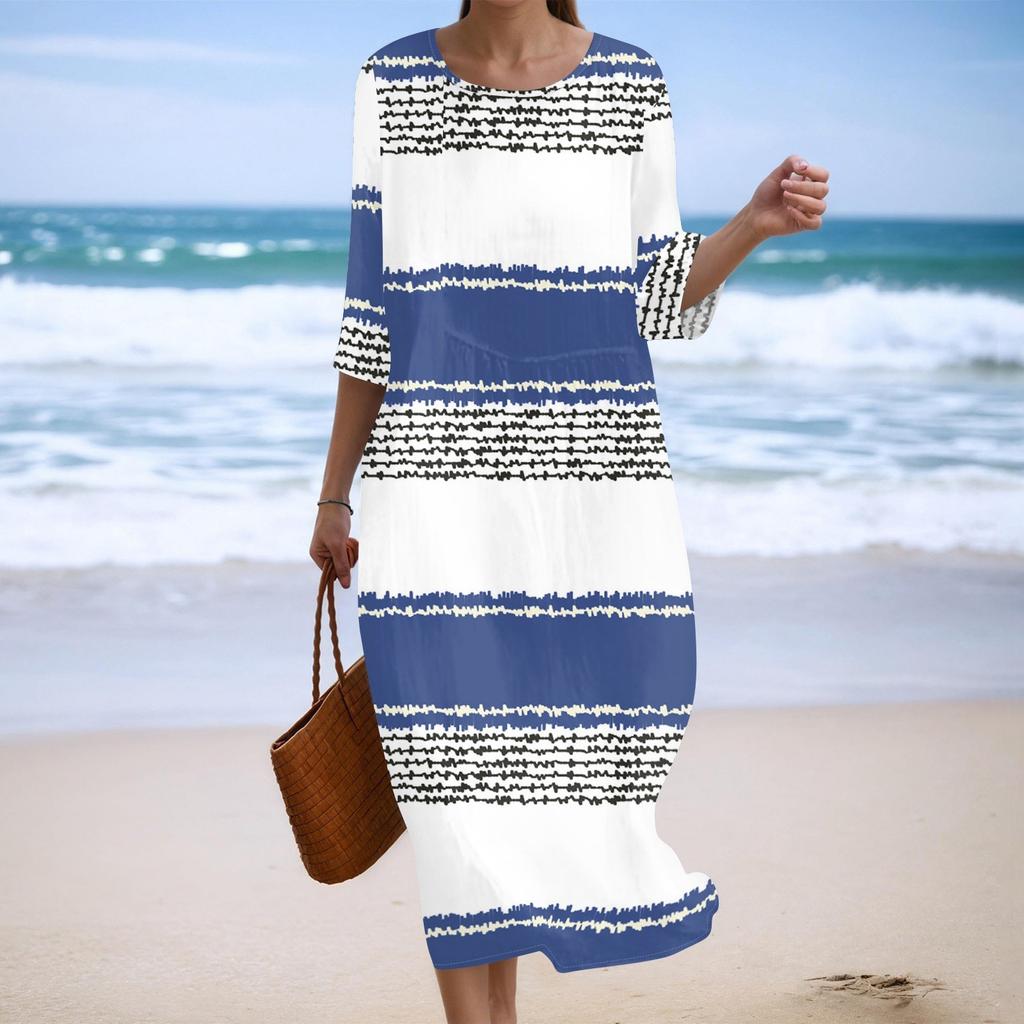 Женское модное платье свободного кроя с принтом, круглым вырезом и рукавом три четверти