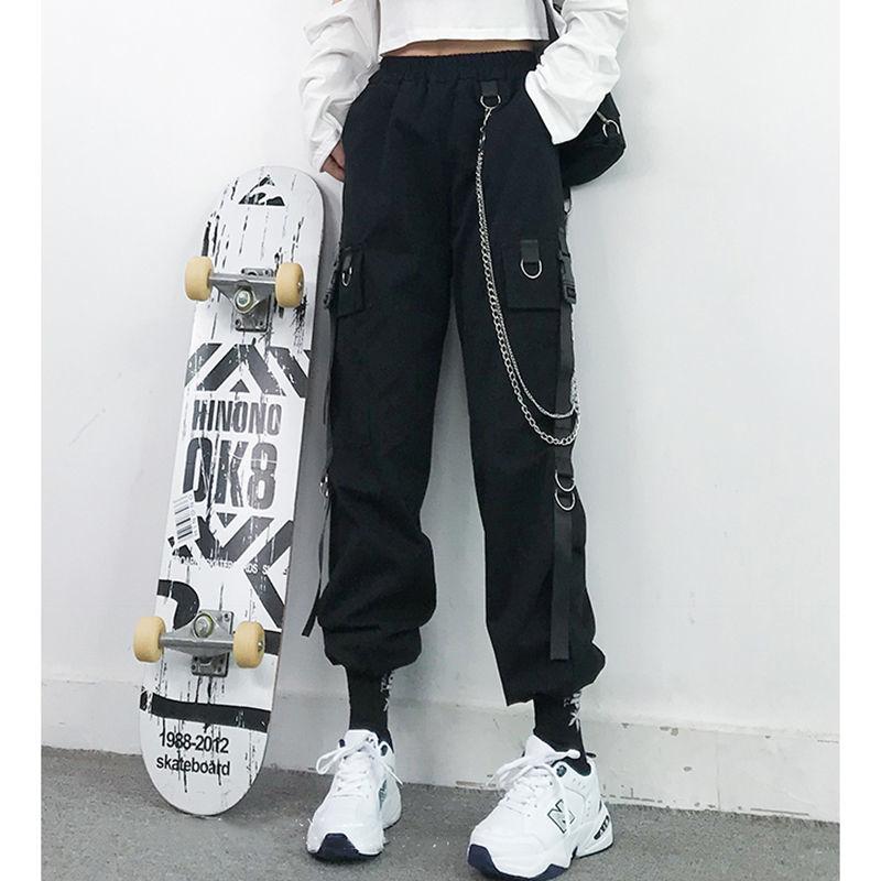 2024 Весна Лето Женские Брюки Карго Панк Черные Женские Джоггеры Уличная Одежда Шаровары Длина До Щиколотки с Цепочкой