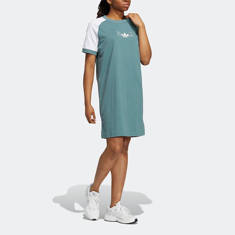 adidas Originals Color Block Логотип Повседневное Спортивное Простое Сшитое Платье с Круглым Вырезом и Коротким Рукавом Женское платье Темно-Зеленое H49566