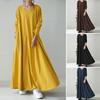 Осень Зима Женское Длинное Платье Однотонное V-образный вырез Длинные рукава Уличная одежда Свободный Большой Подол Женское Макси-платье для Повседневной Носки