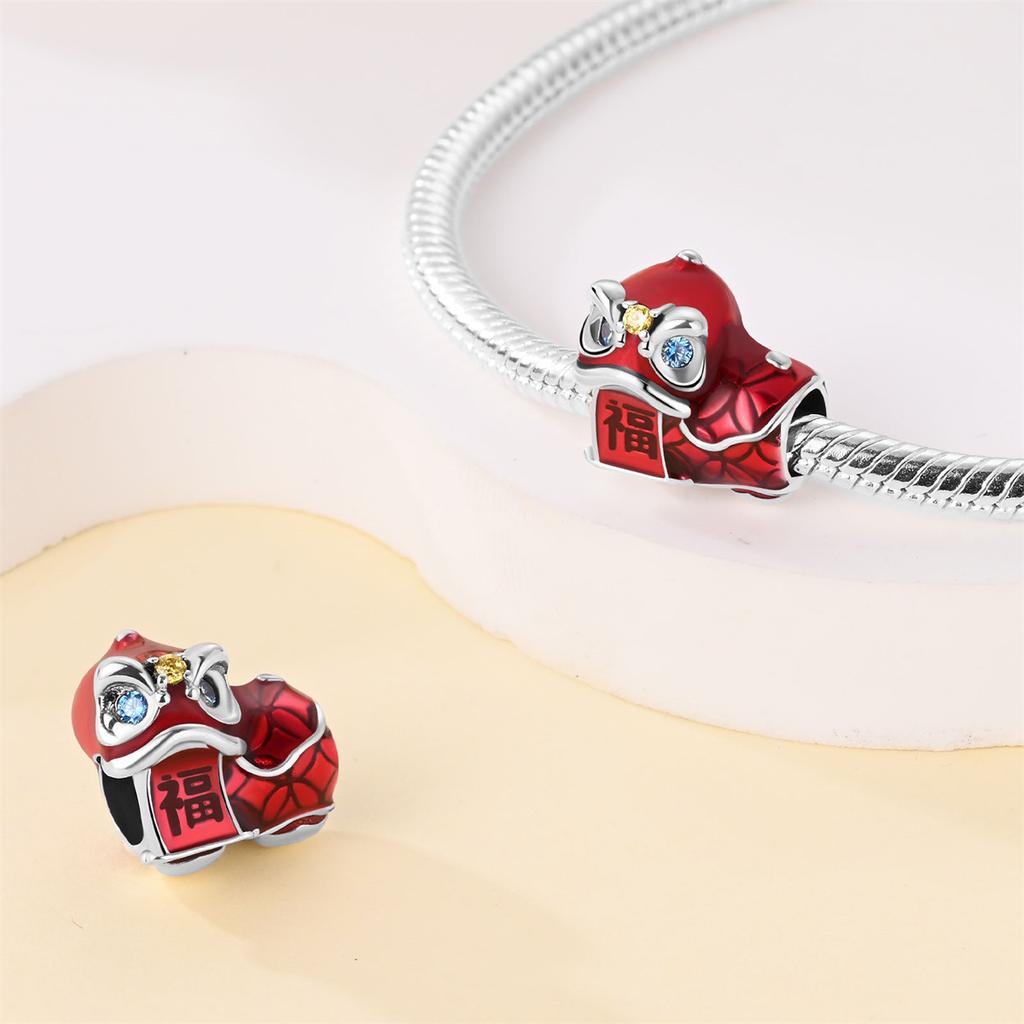 New Year'S Series Lion Dance Red Lantern Lucky Cat Charm Beads Copper Silver Plated