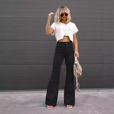 Женские вельветовые брюки микро-клеш с высокой талией на осень/зиму 2024 года - однотонные, в стиле кэжуал