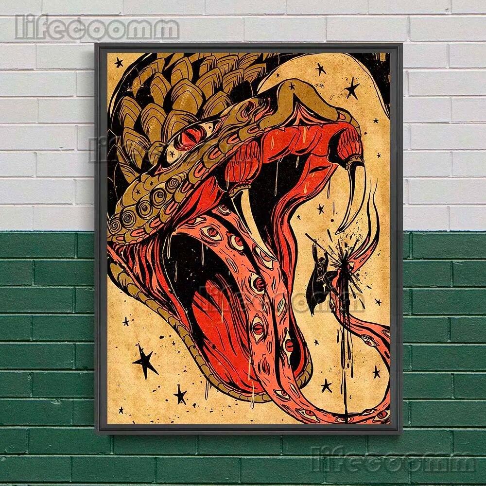 Таинственный ужасный змей и сундук с сокровищами ведьмы, настенная живопись на холсте, абстрактное языческое колдовство, элемент, печать плаката, без рамки