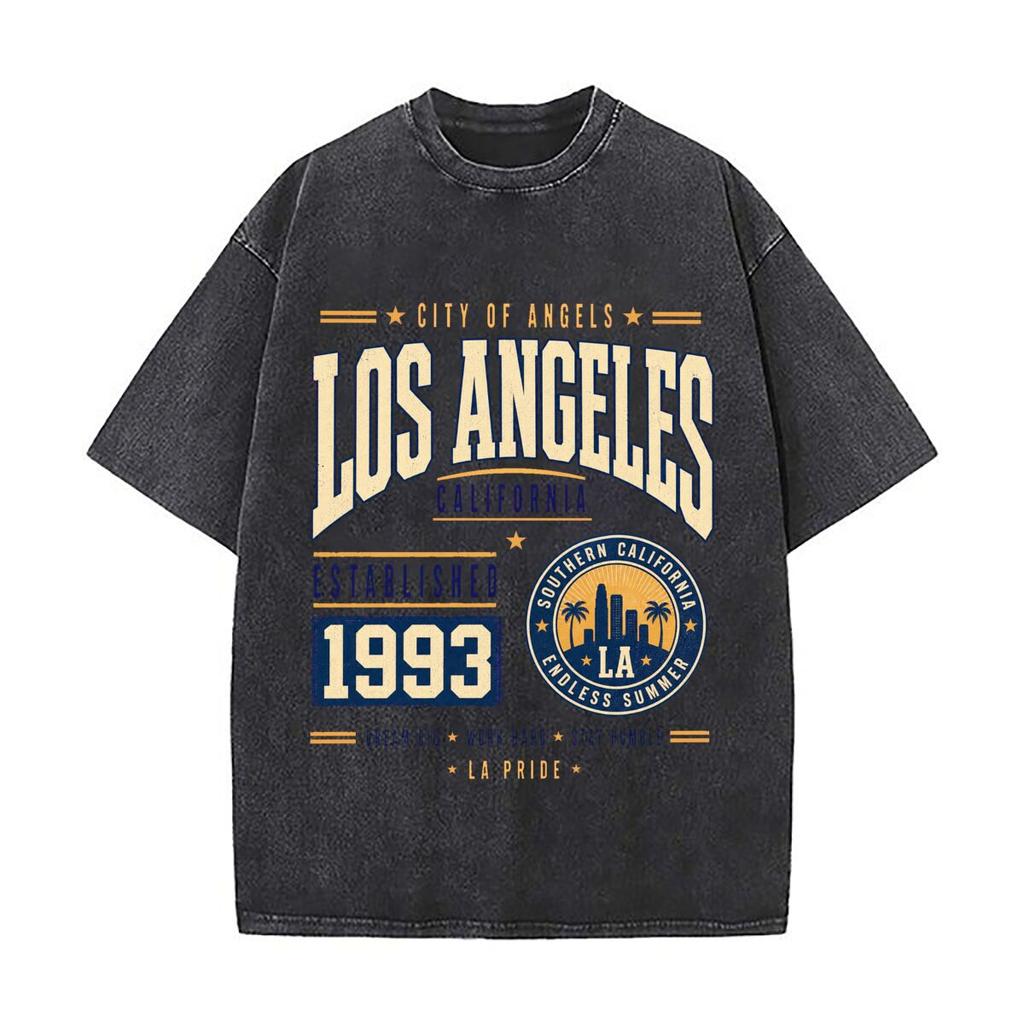 Retro Los Angeles Heritage Year Typo Retro Washed Distressed T Shirt Men Summer Casual Short Sleeve