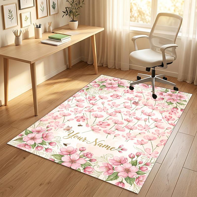 Cherry Blossom Theme Soft Crystal Velvet Rug Custom Name & Text Print Non Slip Floor Rug for Bedroom Living Room