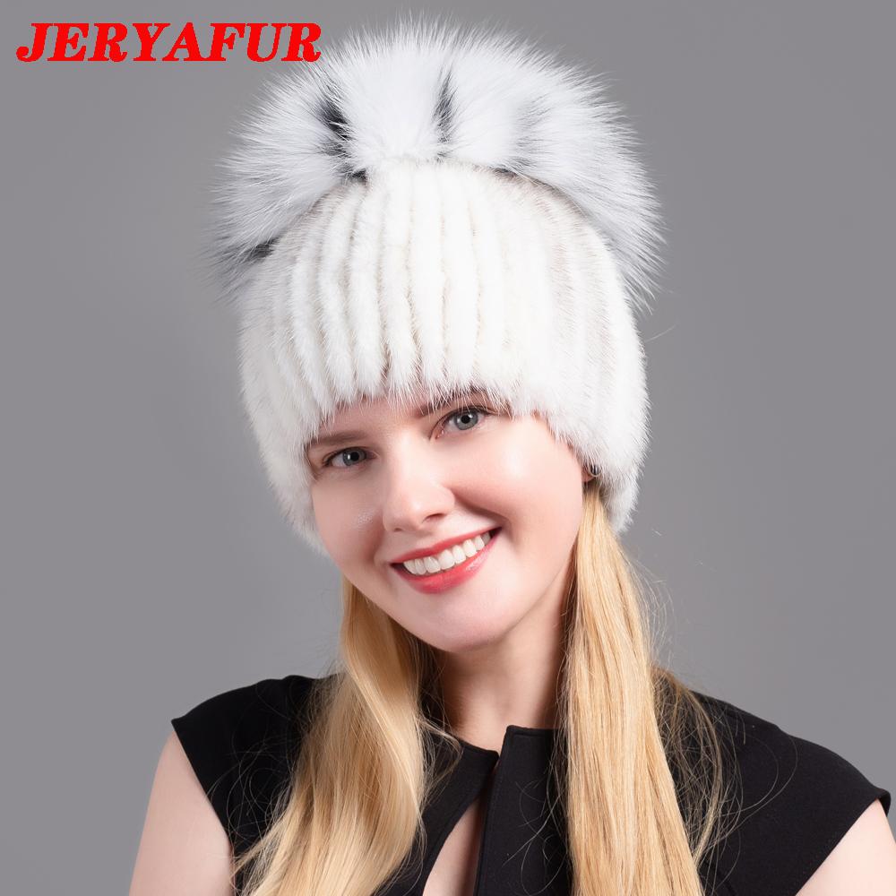 JERYAFUR Вязаная женская шапка с мехом норки пэчворк