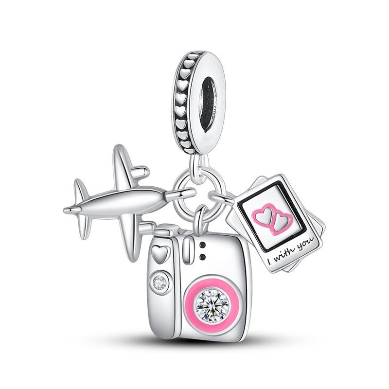 S925 Silver Travel Theme Airplane Luggage Camera Charm Bead DIY Jewelry Bracelet Accessory Set