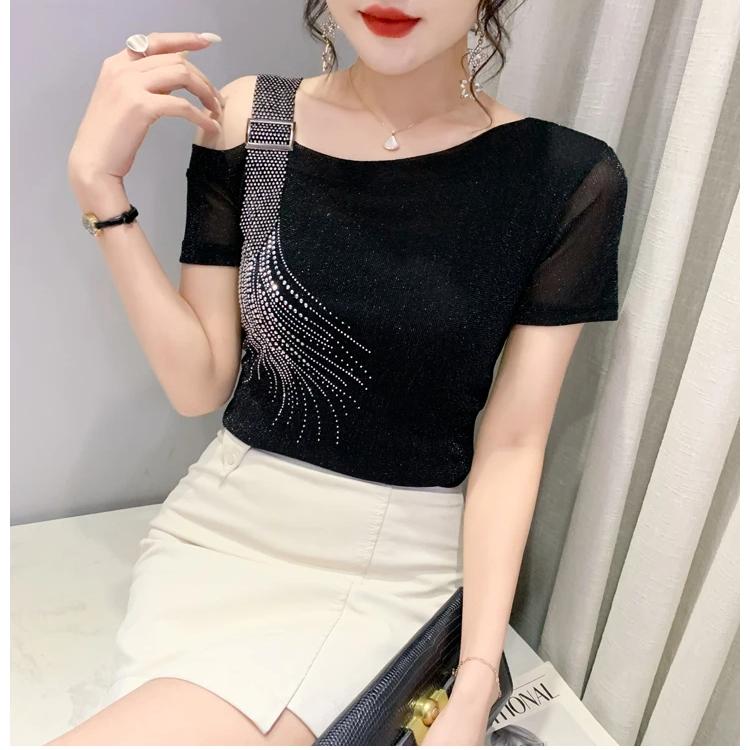 Летняя мода Европейская женская одежда Футболка Сексуальная с открытыми плечами Блестящие бриллианты Сетка Женские топы На все случаи жизни Футболки Блузка