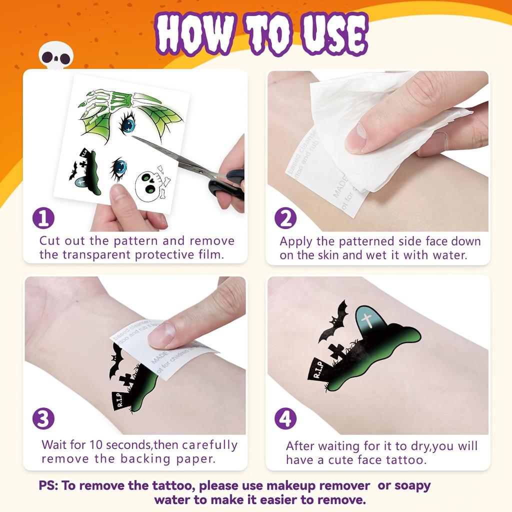 8PCS Halloween Temporary Tattoo - Designs for evil spiders, bats, pumpkins, etc., for face painting, party gifts, and decorations