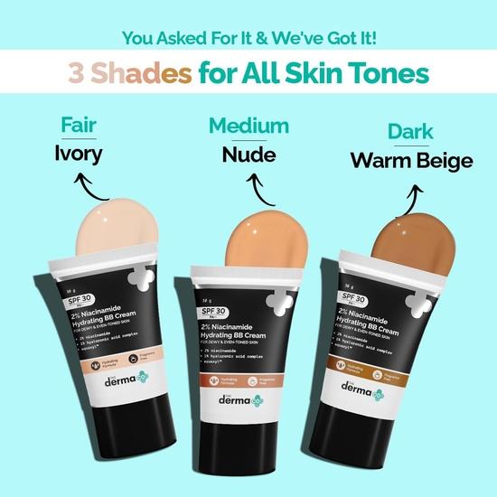 Derma Co 2% ниацинамид, увлажняющий, сияющий, увлажняющий, для всех типов кожи, со средней степенью покрытия, с SPF 30 Pa++, обогащенный 1% комплексом гиалуроновой кислоты