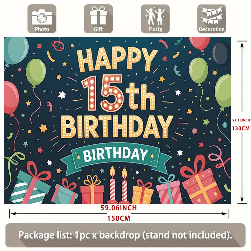 15th Birthday Banner, Balloons Stars Gifts Backdrop Wall Decor for Party