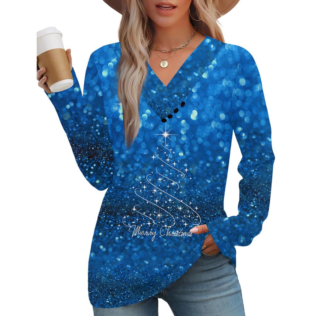 Women's Fashion Casual V-neck Pleated Christmas Long Sleeve Top