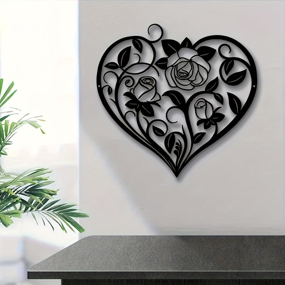 Настенное искусство Iron Heart, Черный металлический цветочный дизайн для сада и балкона, Романтическое подвесное украшение в стиле фермерского дома, Прочный 2D орнамент для помещений и улицы