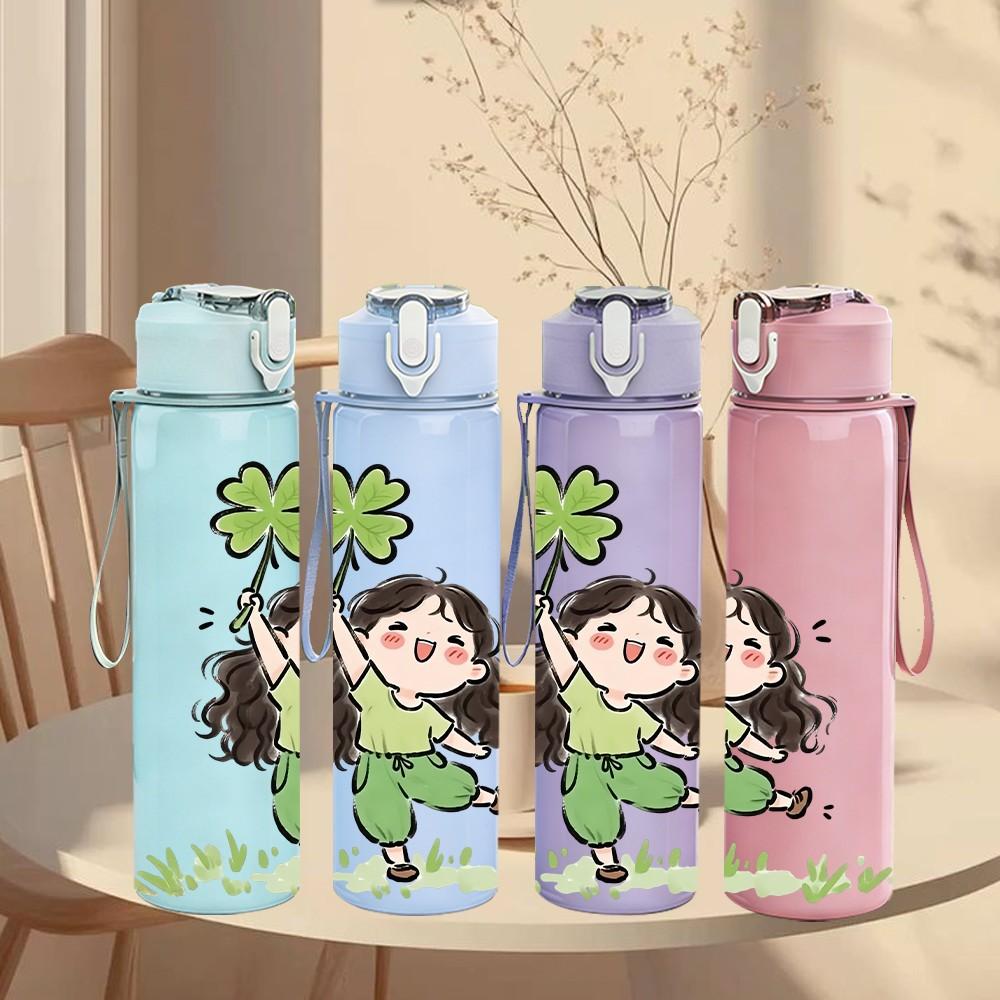 1PC Girl Holding Four Leaf Clover Print 750ml Color Plastic Sports Water Bottle Leakproof Flip Straw Lid Suitable for Sports Office Home Use