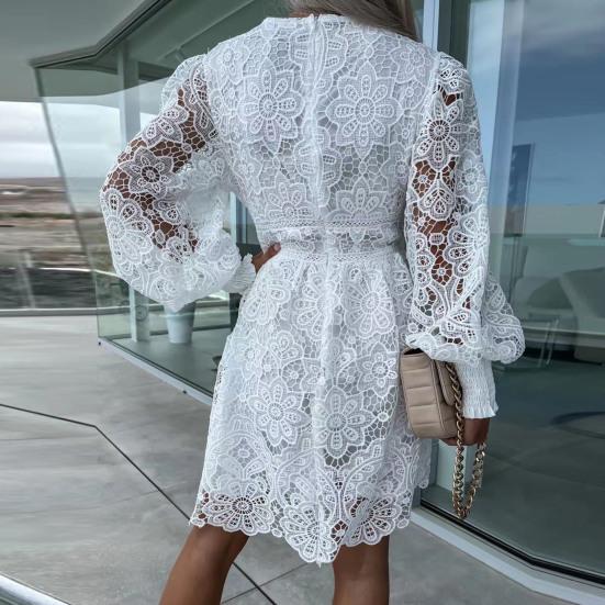 Женское осеннее платье, кружевное ажурное трапециевидное платье со свободным подолом, v-образным вырезом и длинным рукавом, однотонное женское платье миди длиной до колена