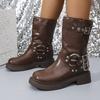Fashion Punk Style Platform Ankle Boots Women Fashion Belt Buckle Thick Bottom Knight Boots Women Slip On Pu Leather Motorcycle Booties