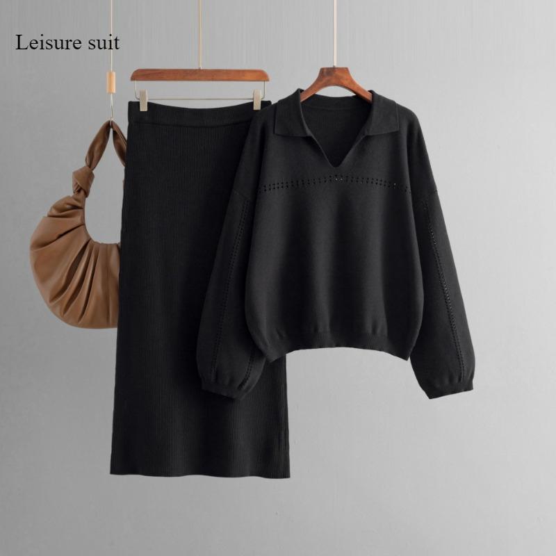 Autumn and Winter New Knit Sweater Set POLO Collar Ladies Simple Trend V-neck Solid Color Loose Slim Dress