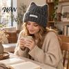 Casual Daily Headgear Cute Cat Ear Woolen Hat, Soft Knitted Cap with Cuffed Gift for Her Brim, Warm Elastic Headwear Winter Hat Autumn And Thermal