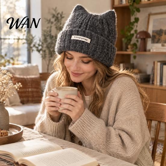 Casual Daily Headgear Cute Cat Ear Woolen Hat, Soft Knitted Cap with Cuffed Gift for Her Brim, Warm Elastic Headwear Winter Hat Autumn And Thermal
