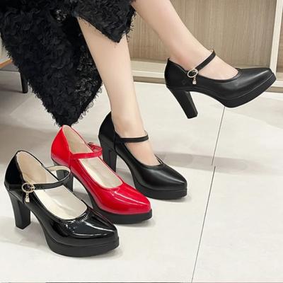 Модные туфли-лодочки на толстом каблуке с ремешком на щиколотке для женщин 2024 из искусственной кожи, офисные туфли на высоком каблуке, элегантные туфли Мэри Джейн на платформе, повседневные