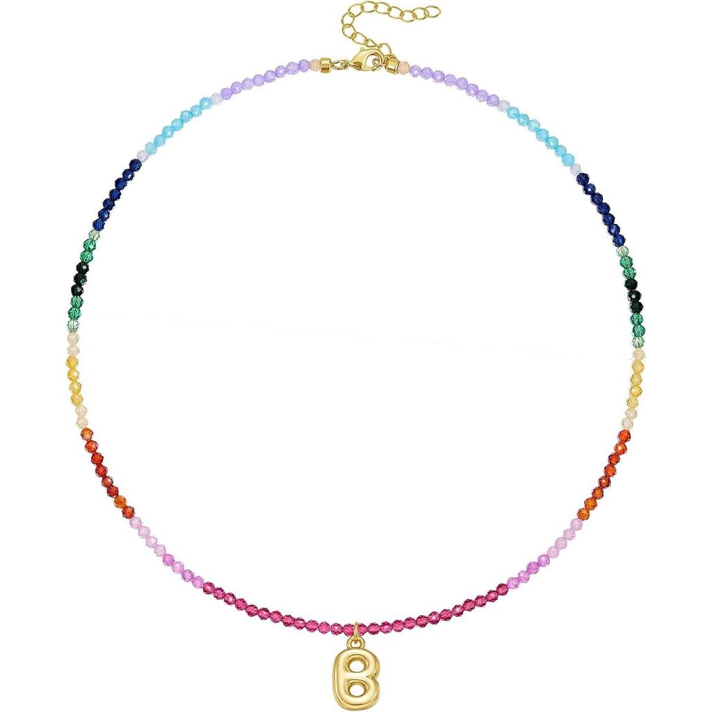 Boho Beaded Initial Necklace for Women, 14K Gold Plated Letter Pendant Rainbow Gemstone Choker Colorful Summer Beach Jewelry