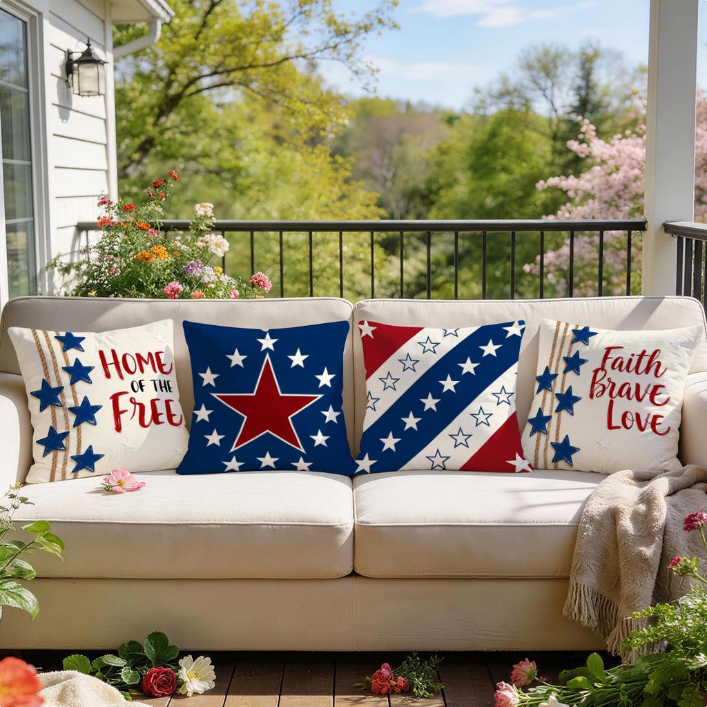 4Pcs 4Th Of July Star Hemp Rope Print Single-Sided Cushion Cover For Living Room Bedroom Car Home Decor