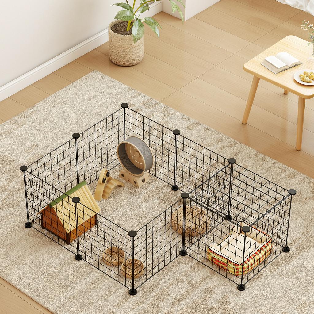 Modular Small Animal Enclosure with Panels and Accessories, Indoor Metal Hedgehog Cage for Guinea Pigs and Hedgehogs, 106x73x36 cm, Black