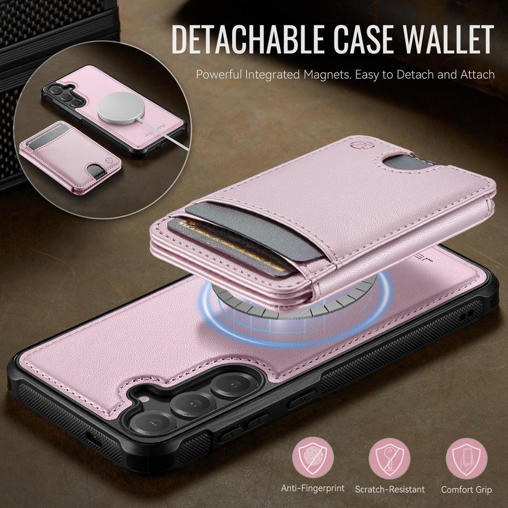 For Samsung Galaxy S25 Magnetic Case JEEHOOD J10 Leather Back Phone Cover with Detachable Card Holder Kickstand