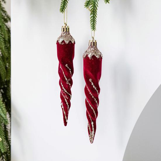 2 Pcs Velvet Christmas Ornaments Shatterproof Glitter Sequins Flocked Bell/Candy Cane/Ice Isicle Hanging Decoration for Xmas Tree Holiday Party Decor