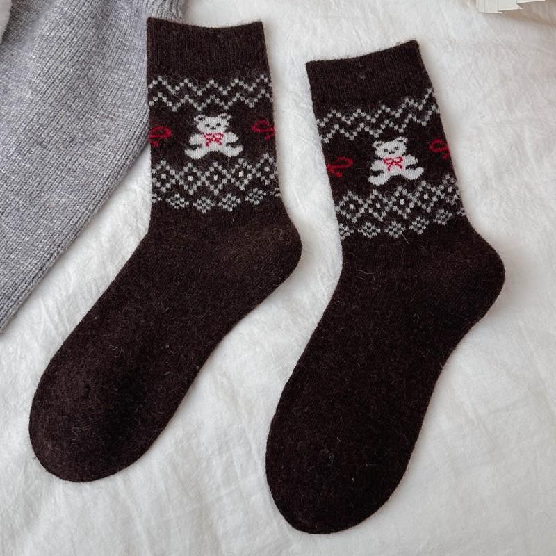 Ретро Теплые Носки для Женской Осени и Зимы, Шерстяные Носки с Медведем, Волнистые Мультяшные Утолщенные Женские Носки