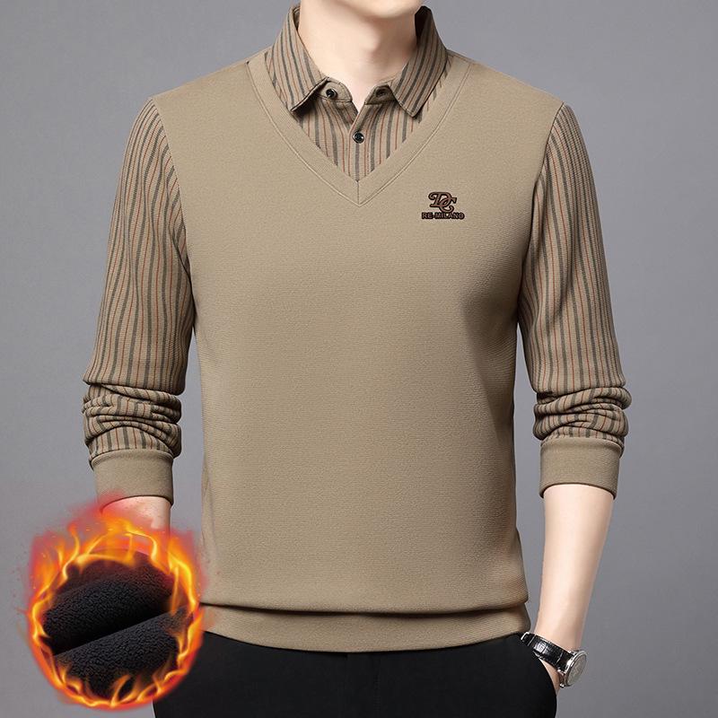 Men's Winter Wool Silk Lapel Two-in-One Sweater with Fleece Lining