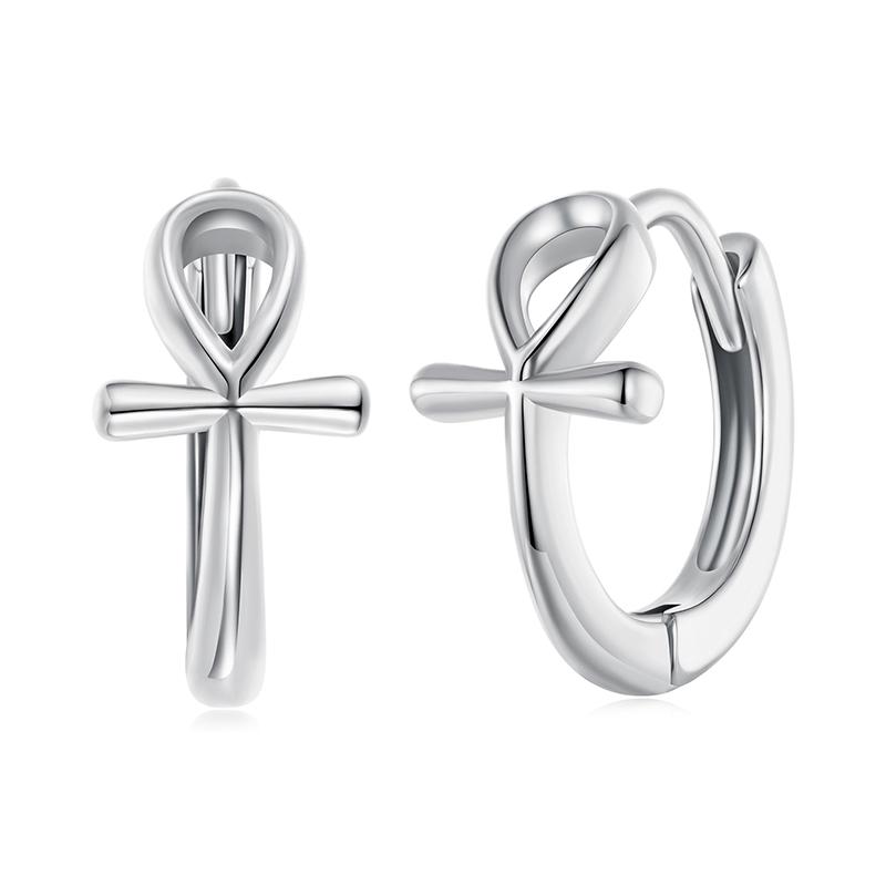 WOSTU Simple Ankh Cross Hoop Huggie Earrings For Women Solid 925 Sterling Silver Ankh Cross Ear Cuffs Family Lover Jewelry Gift