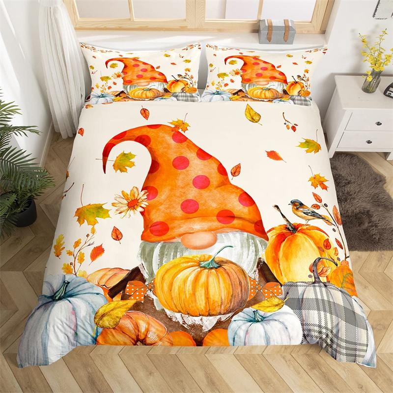 Happy Thanksgiving Duvet Cover Fall Maple Leaf Bedding Collection Microfiber Gnome Gold Pumpkin Farm Harvest Comforter Cover King Size