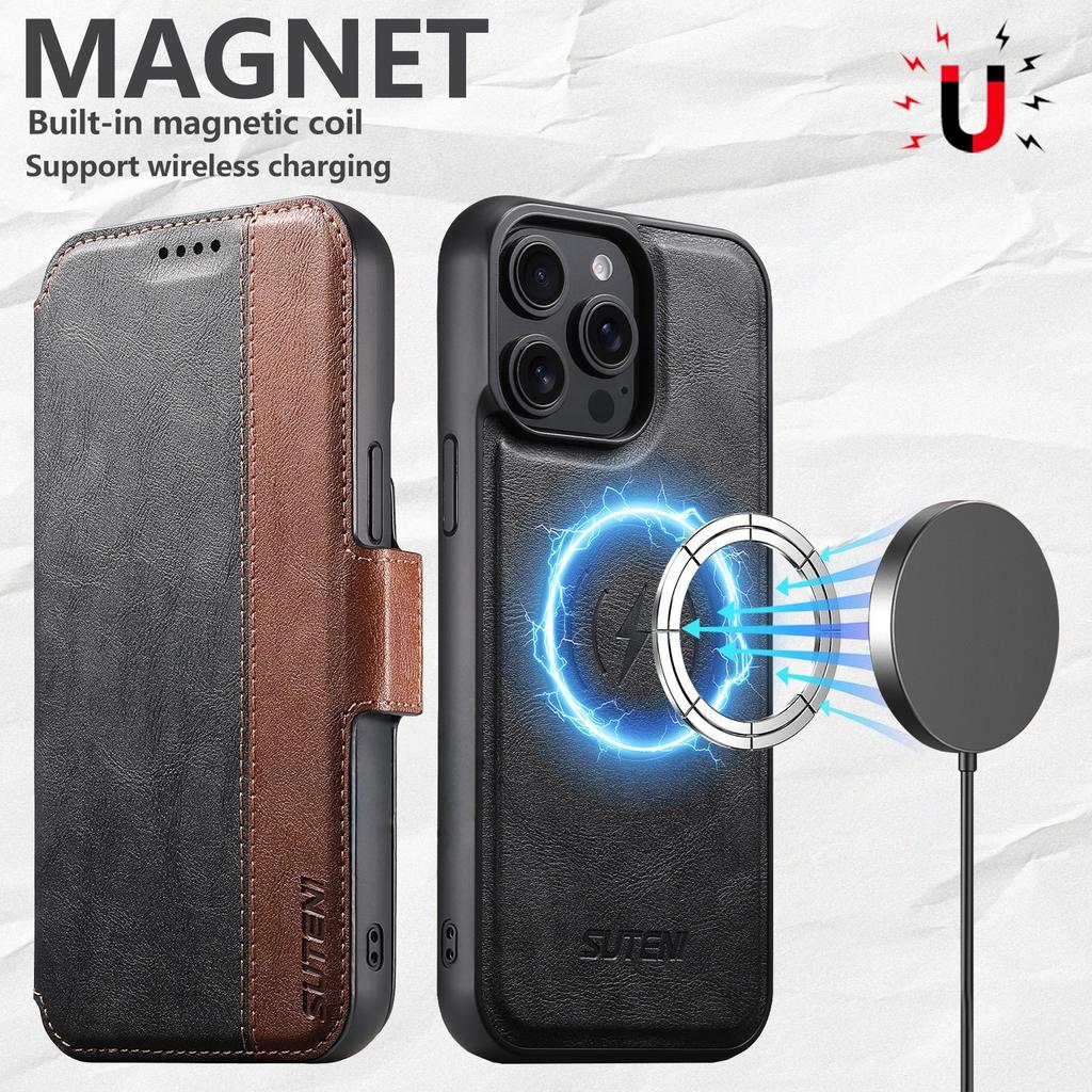 SUTENI Q-07 Чехол для iPhone 16 Pro Max Магнитный Цветная вставка Текстура коровьей кожи Кожаная накладка