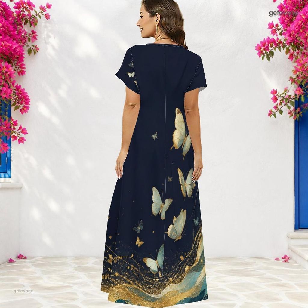 Women Plus Size V Neck Short Sleeve Floral Butterfly Printed Black Straight Long Dress