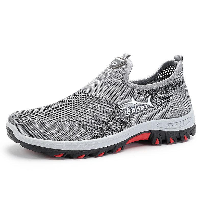 Men's Breathable Mesh Slip-On Sneakers, Lightweight Fly Knit Casual Walking Shoes with Shark Design, Soft Sole Non-Slip Athletic Shoes for Big Size