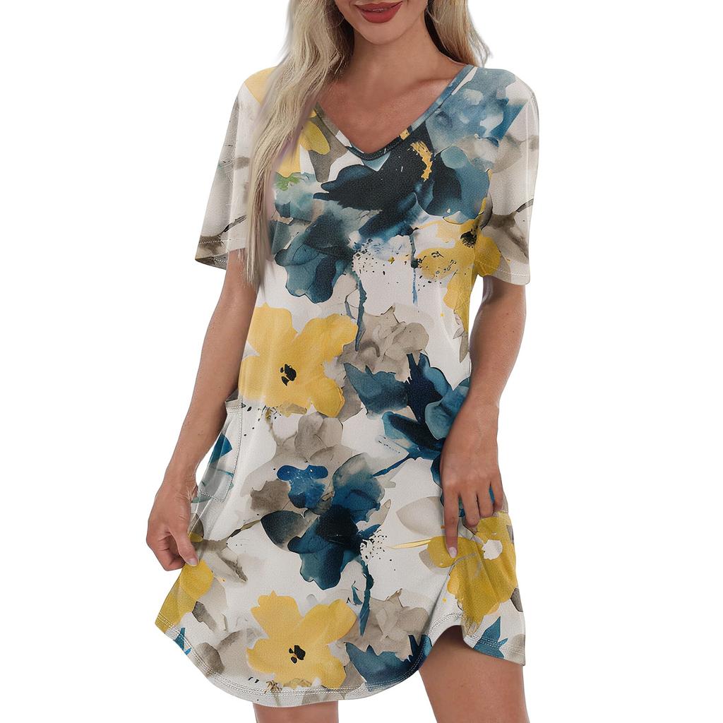 Summer Dresses For Women Loose V Neck Short Sleeve Casual T Shirt Dress Sundresses Swimsuit Coverup With Pockets