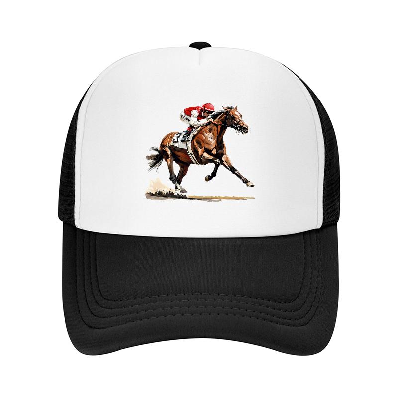 Horse Racing Rider Design Mesh Trucker Hat Breathable Adjustable Cap for Outdoor Activities and Casual Wear