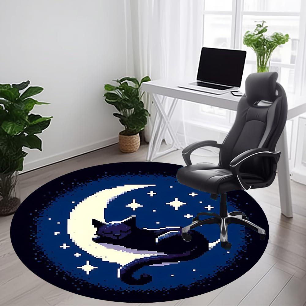 1PC Moon Cat Office Round Area Rug, Indoor Mat Suitable For Office, Under Office Chairs Bedroom Living Room Home Decor, Room Deco 206