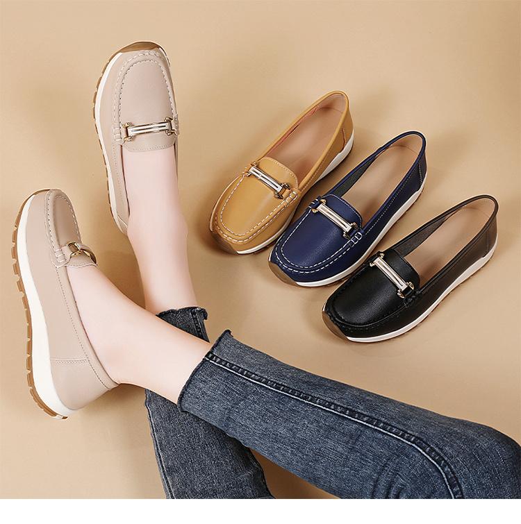 Pacecraft Shoes Women's Cowhide Loafers with Metal Buckle, Comfortable Casual Flat Shoes