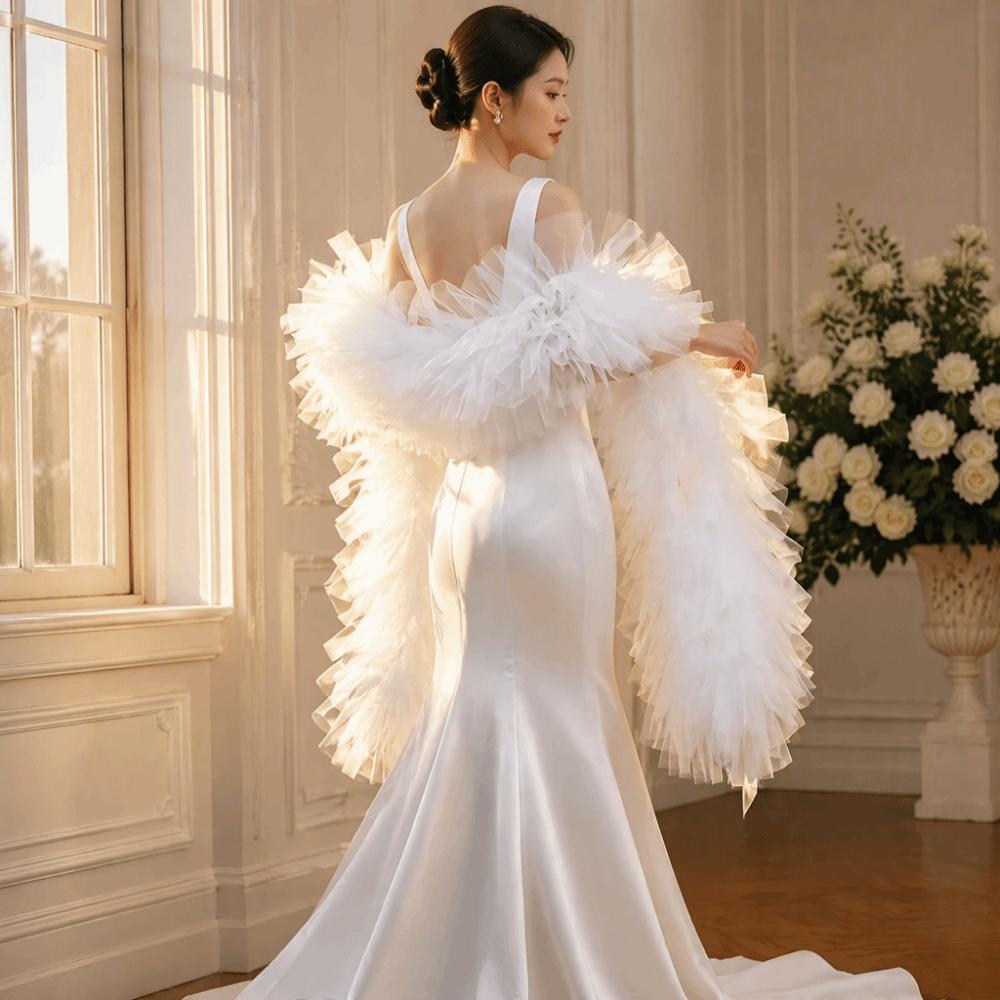Detachable Collar Mesh Shoulder Wrap Gorgeous Bridal Shawl New Tulle Ruffle Shawl Evening Event