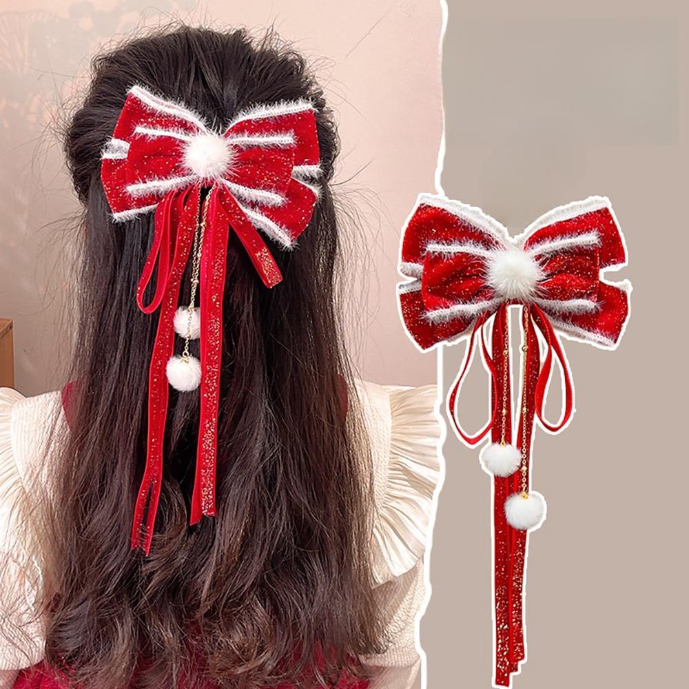 Headwear Red Bow Hair Clips Jewelry Tassels Pearl Barrettes Ribbon Hairpin Hair Styling Accessory