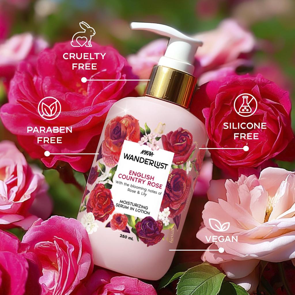 Nykaa Wanderlust Увлажняющий лосьон для тела «Английская деревенская роза», 250 мл | Роза в сочетании со свежей лилией | Легкое, длительное увлажнение | Vega